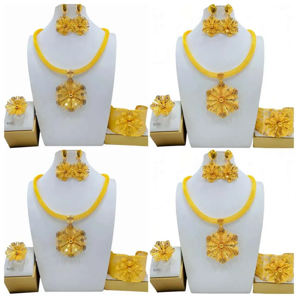 Guldpläterad mässingsblomma pendellband örhänge ring fyra stycken smycken set lämplig för bröllop och eleganta kvällsfester