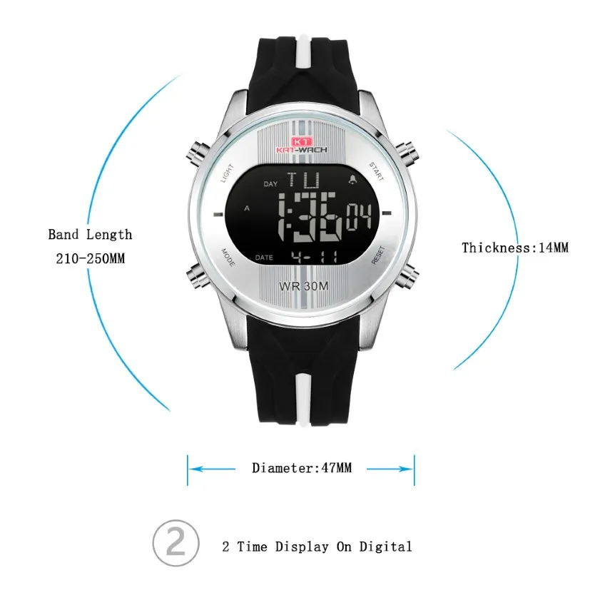 CWP 2021 KT Mens Sports Digital LED Relógios com cinta de silicone Male Watch Luminous à prova d'água Luminosa 2 tempo relógio Relogio Masculino 223G