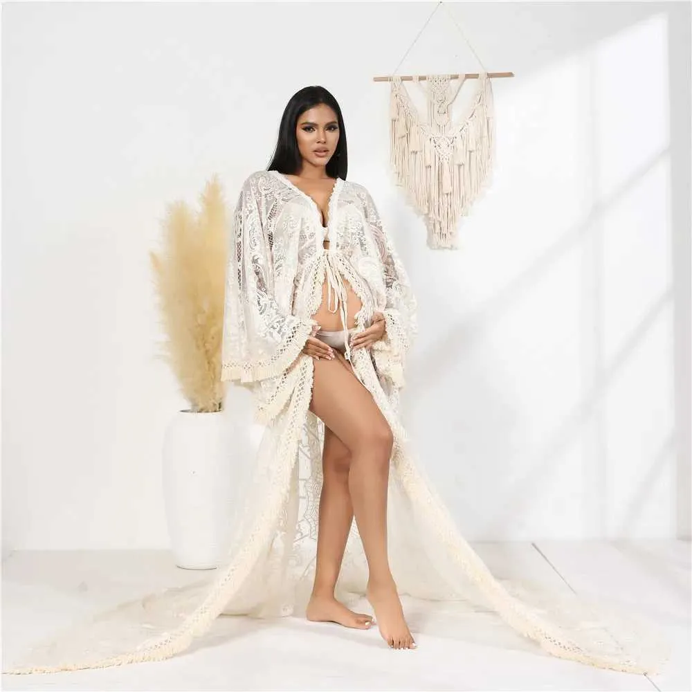 Sukienki macierzyńskie Beige Lace Boho Boho Sesja zdjęciowa macierzyńska sukienka Długość Tassels Fotografia ciążowa Długa sukienka kimono T240509