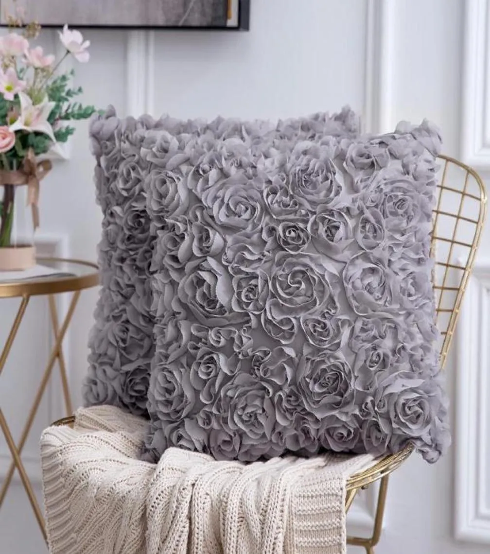 3D Dekoracyjne romantyczne stereo szyfonowe z kwiatem róży Pokrywa Solidna kwadratowa poduszka na sofę do sypialni samochodowa Cofusz 3726359