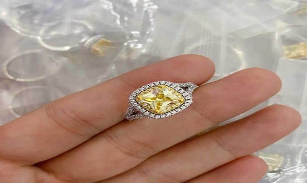 Роскошные чистые 925 серебряных серебряных женщин кольца с большим желтым квадратным камнем свадебные кольца серебряные кольца обручальные ювелирные изделия женская 5ct Rings7113037