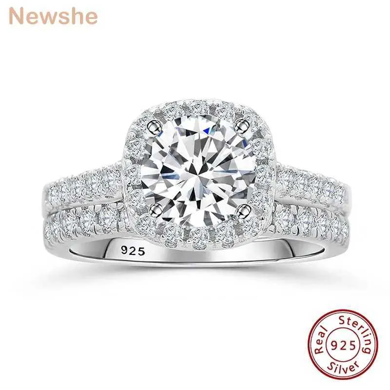 Bandringe Newshe 925 Silber -Verlobungsring Set für Frauen Helligkeit Halo Round Cut Cubic Zircon Deluxe Hochzeit Schmuck J240508