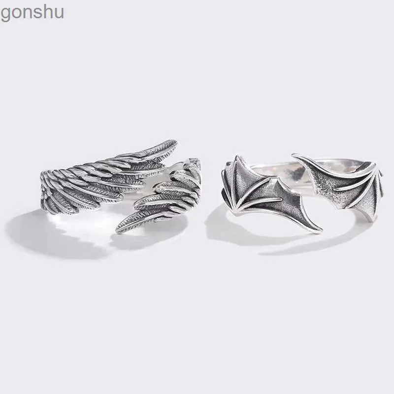 Parringar Retro Angel Devils Wings Creative Ring Mens and Womens Punk Gothic Open Ring Handgjorda unisex smycken tillbehör älskare gåva wx