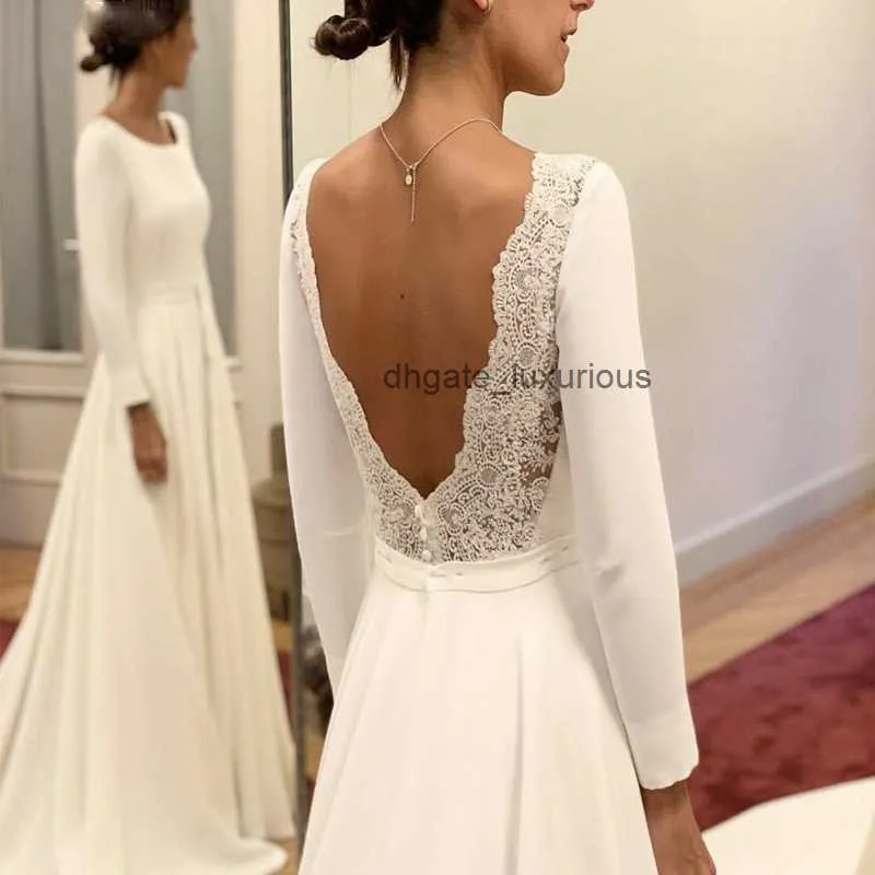 Semplice chiffon bateau una linea abiti da sposa a mezze maniche aperte abiti da sposa appliques abiti da sposa