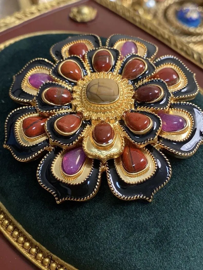 Brooches Vintage High-end Design With Enamel Drop Oil Brooch And Natural Stone Sunflower Jewelry