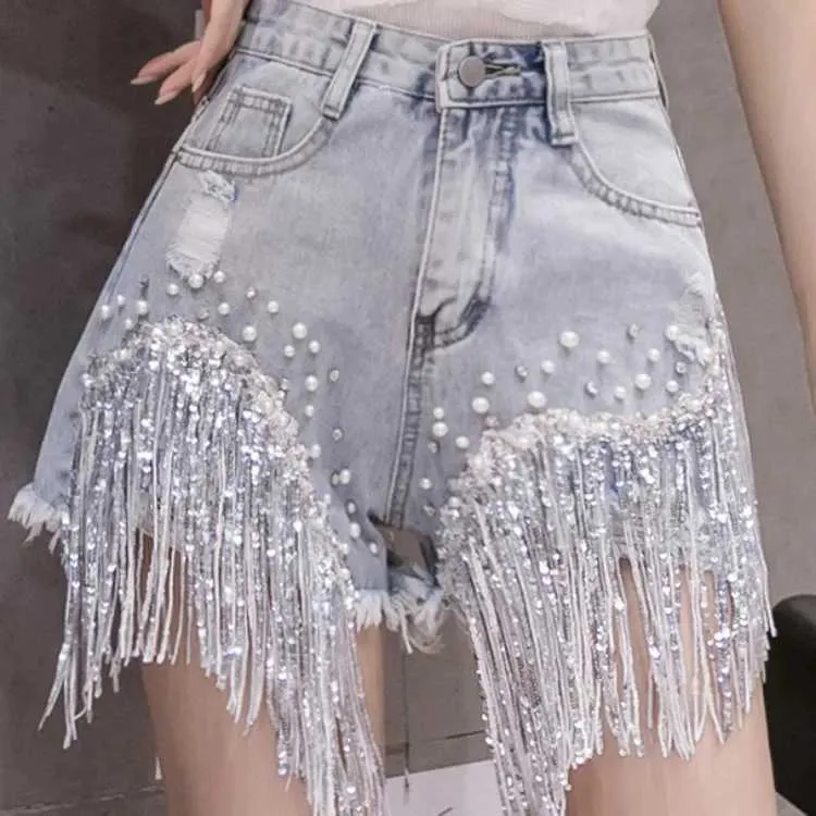 Dames shorts 2023 Zomer nieuwe shorts jeans dames kralen Tassel diamant vrouwelijke hoge taille casual losse mode hot pants y240504