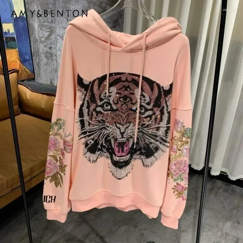 Damen Hoodies Sweatshirts Herbst Herbst Hoodled Lotus rosa mit Diamant Pfingstrose Blume Cartoon Schwere leichte Luxus -Trendy -Sudaderas