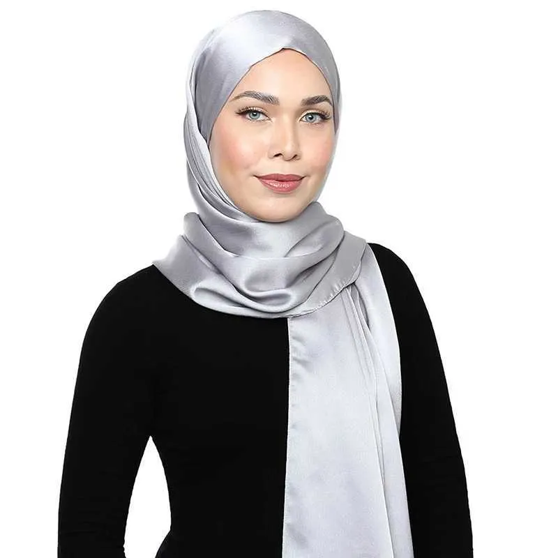 Sjaals dames platte zijden satijnen hoofddoek moslim mode vaste kleur lange sjaal high-end sjaal q240508