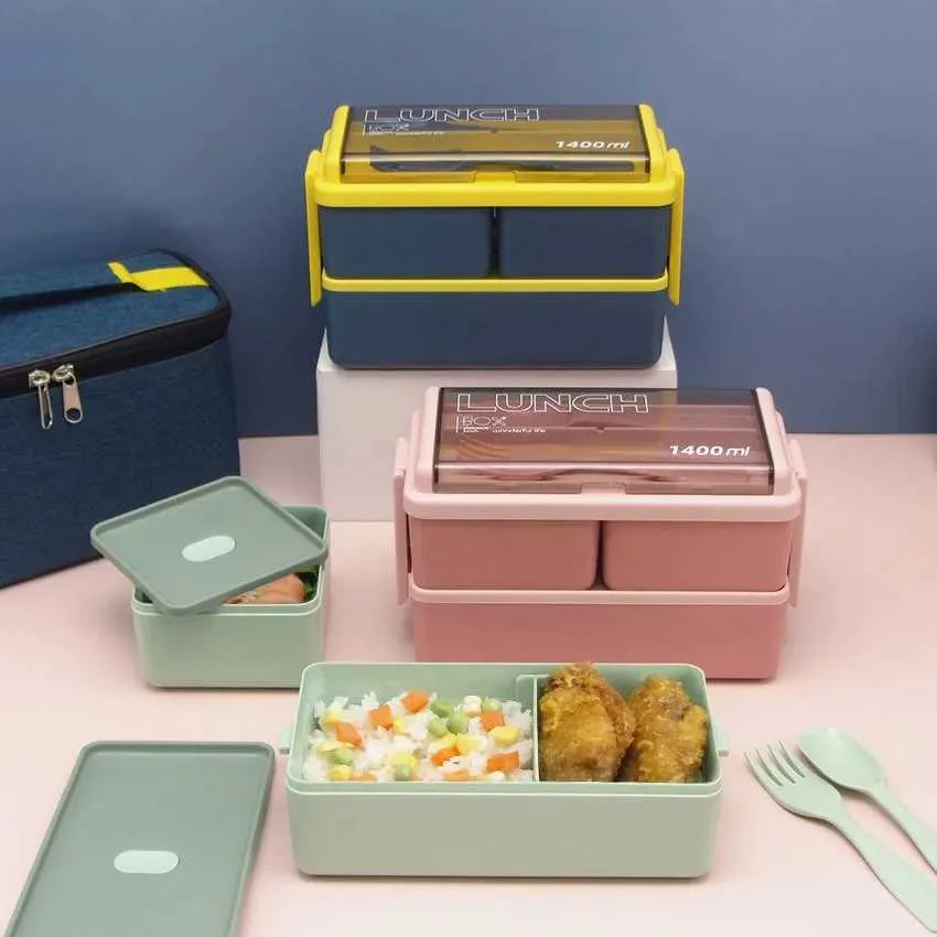 Lunchboxen Taschen Doppelschicht Lunchbox Tragbarer Fruchtfutterbox Mikrowellenbox mit Gabel- und Löffel Picknick Frische Box mit Tasche