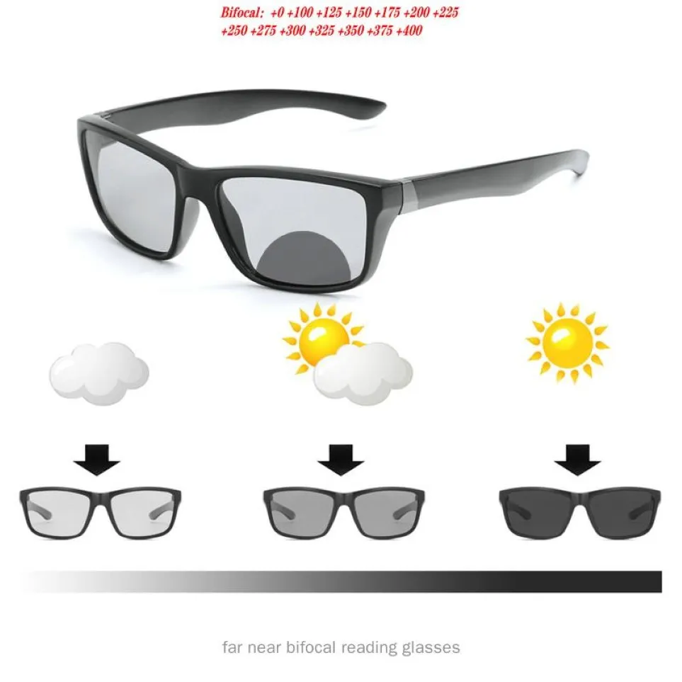 Solglasögon Mäns kör Pochromic Bifocal Reading Glasses Sports Goggles Women Square Transition Recept Sun Reader NX 257Z