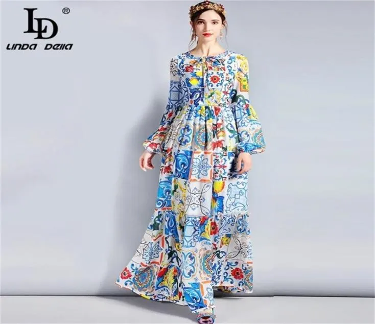 LD Linda Della Fashion Designer Maxi Dress 5xl Plus Size Women s Long Sleeve Boho Colorful Flower Print Casual Long Dress LJ2008188204324