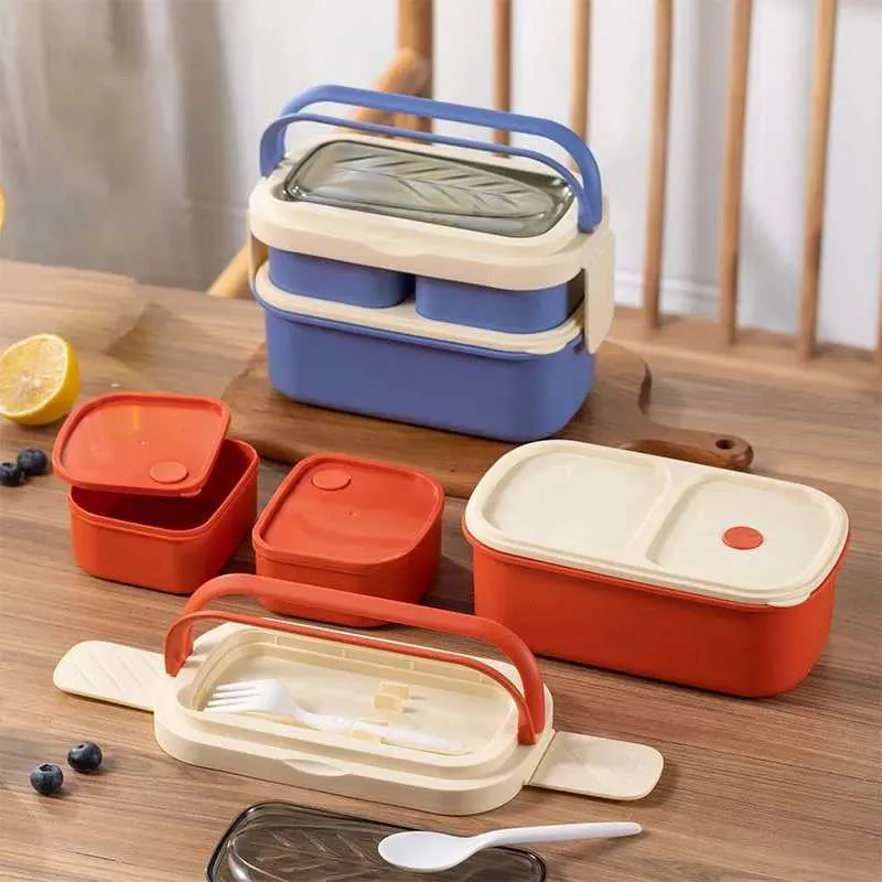 Lunchlådor Väskor 2 Layer Portable Leakproof Snack Lunch Bento Box Kid Student Mikrovågsugn Gaffel Spoon Set Food Storage Container Office