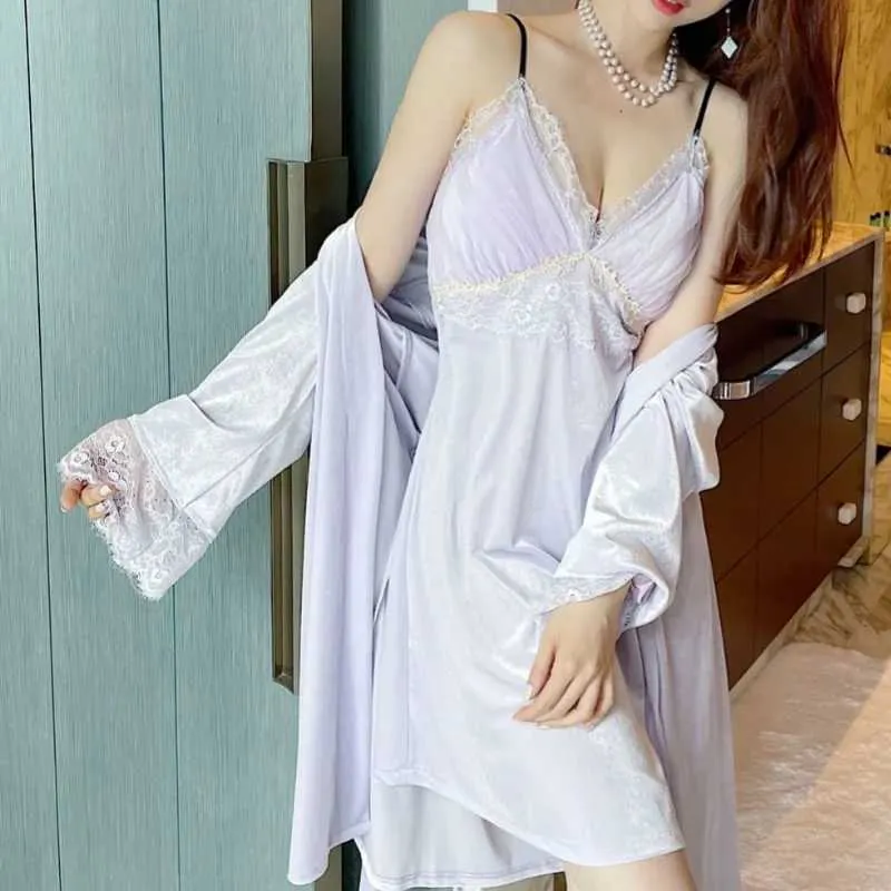 Women's Robe Bridal Wedding Kimono Robe Gown With Chemise Nightgown Sexy Sleepwear Lace Patchwork Sleepwear V-Neck Intimate Lingerie