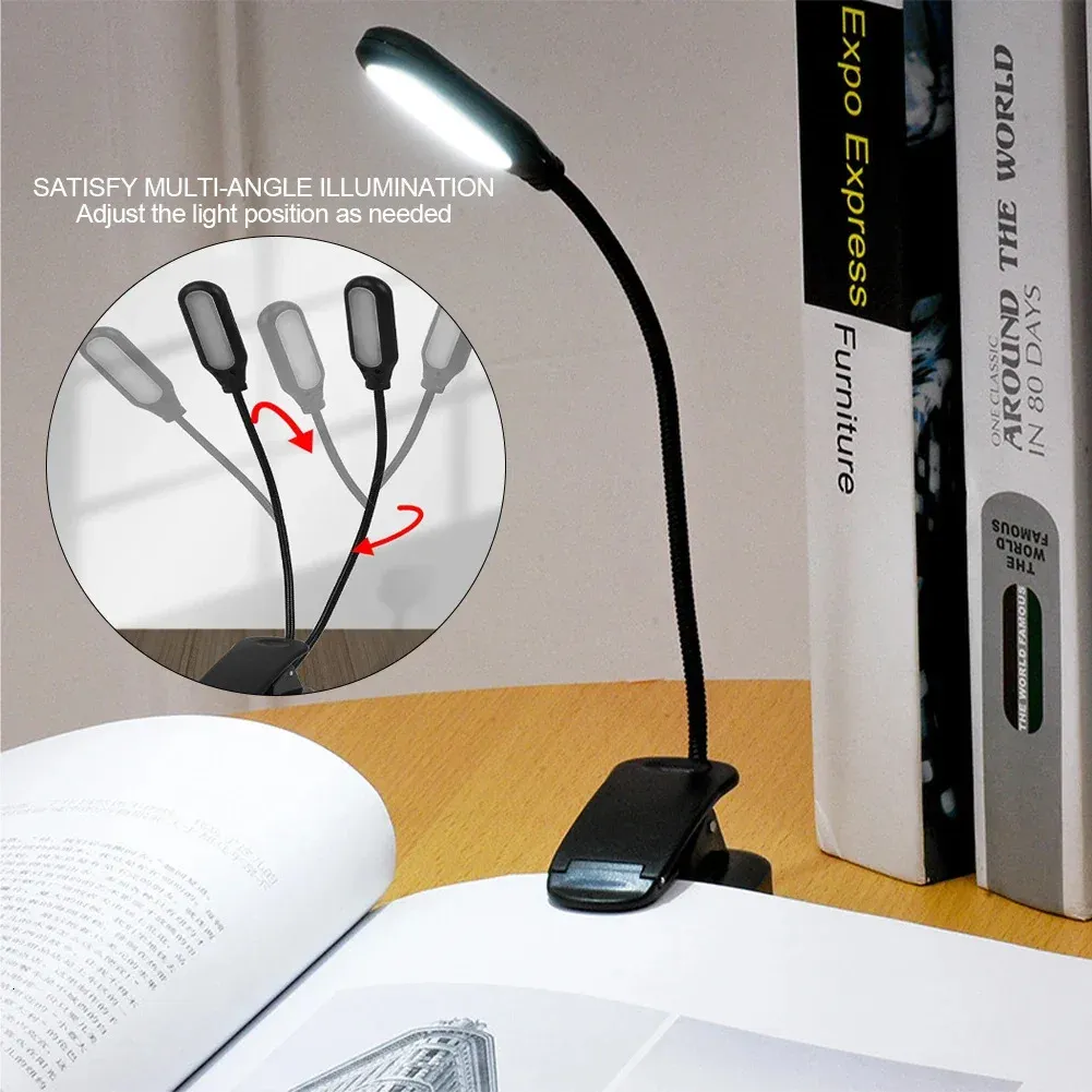 Mini LED BOOK NACHT LICHT TABEL LAMP Oogbescherming Verstelbaar Clipon Desk Batterij Powered Flexible Study Slaapkamer Lezen 240508