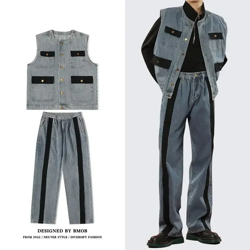 Houzhou Mens устанавливает грузовой джинсовая ткань 2 наряды мужской патч -одежды Джинсы Жилеты без рукавов. Случая корейская уличная одежда хип -хоп 240429