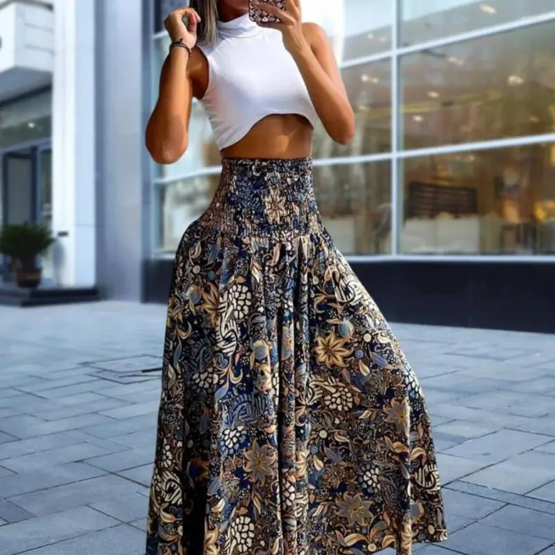 Skirts High Waist Skirt Vintage Retro Printed Maxi For Women A-line Streetwear Long With Wide Elastic Waistband
