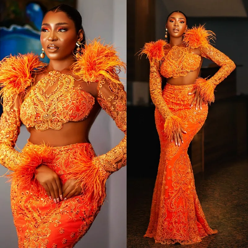 2024 Plus Size Orange Prom -klänningar för speciella tillfällen promdress illusion fjäder långa ärmar pärlspetsar födelsedagsklänning andra mottagning klänning am855