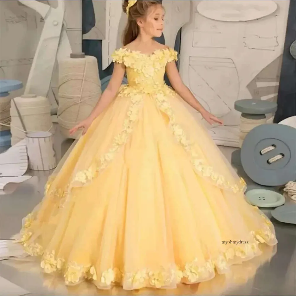 Gelbe Blumenmädchen Spitze Tüll Perlen angewendeter Festzug für Mädchen Erste Kommunion Kinder Prom Kleider 0509