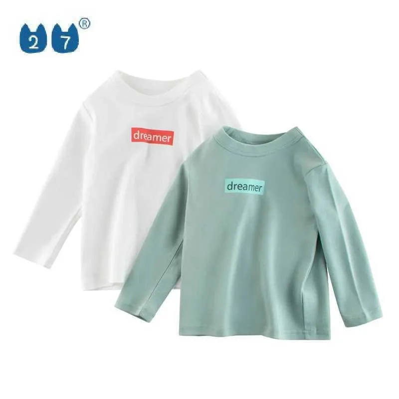 T-shirty Marka Ogon Koreańska Edycja dzieci 2021 Spring Childrens Długie rękaw T-shirt moda bawełniana odzież dziecięca 240509
