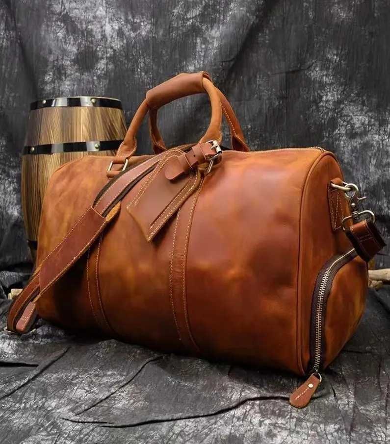 Men extra grandes Bag de cuero genuino Vintage Crazy Horse Leather Man Travel Duffel Real Cuero Luggage Bolsas de fin de semana K32060055