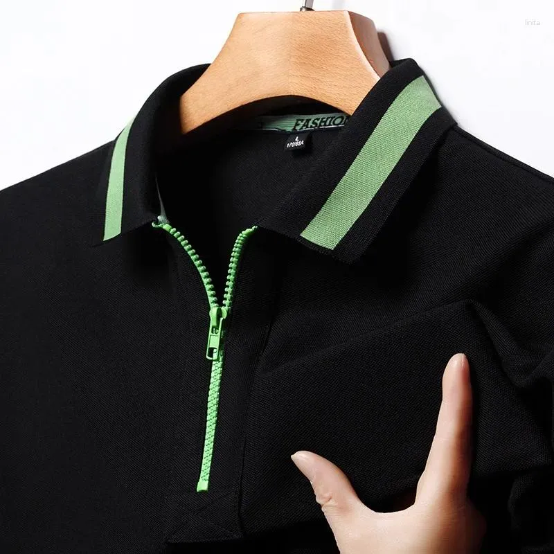 Polos pour hommes Coton pur coton séchage rapide Polo Shirt Men Handsome Trend Sleeve Half Zipper T-shirt Social Casual Laple Tee Tee 2024