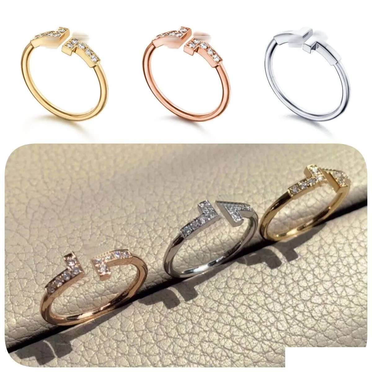 Anillos de banda Anillo de diseñador para mujeres Diamante de lujo Hombres Doble T Open Love Gold Fashion Classic Joya de alta calidad Entrega de caída azul ot1km