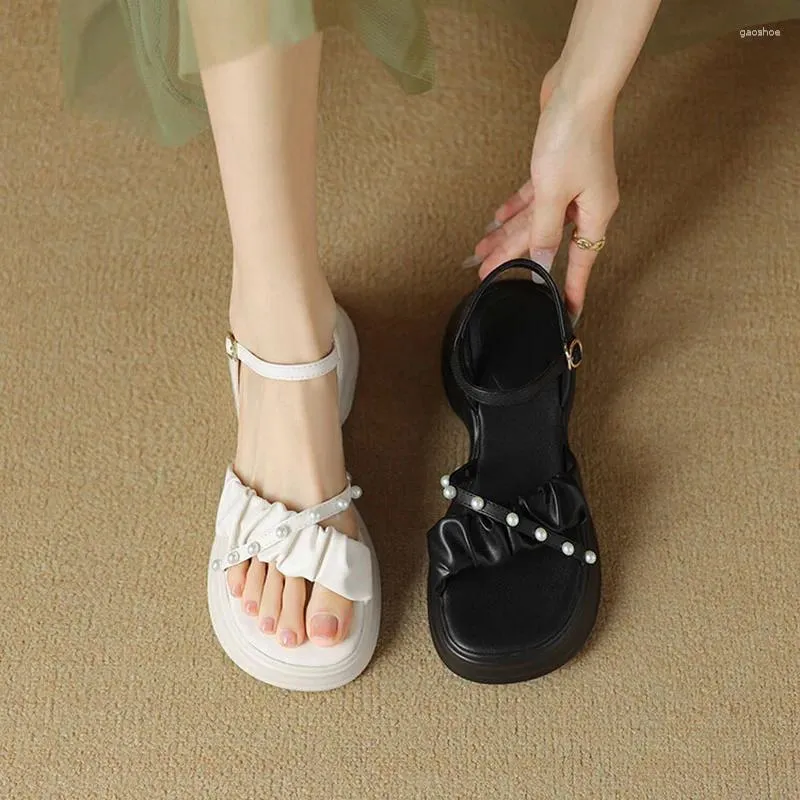 Dress Shoes Phoentin Elegant Women's Comfortable Sandals Pearls Thick Sole For Woman 2024 Arrival Middle Heels Summer Wear FT3371