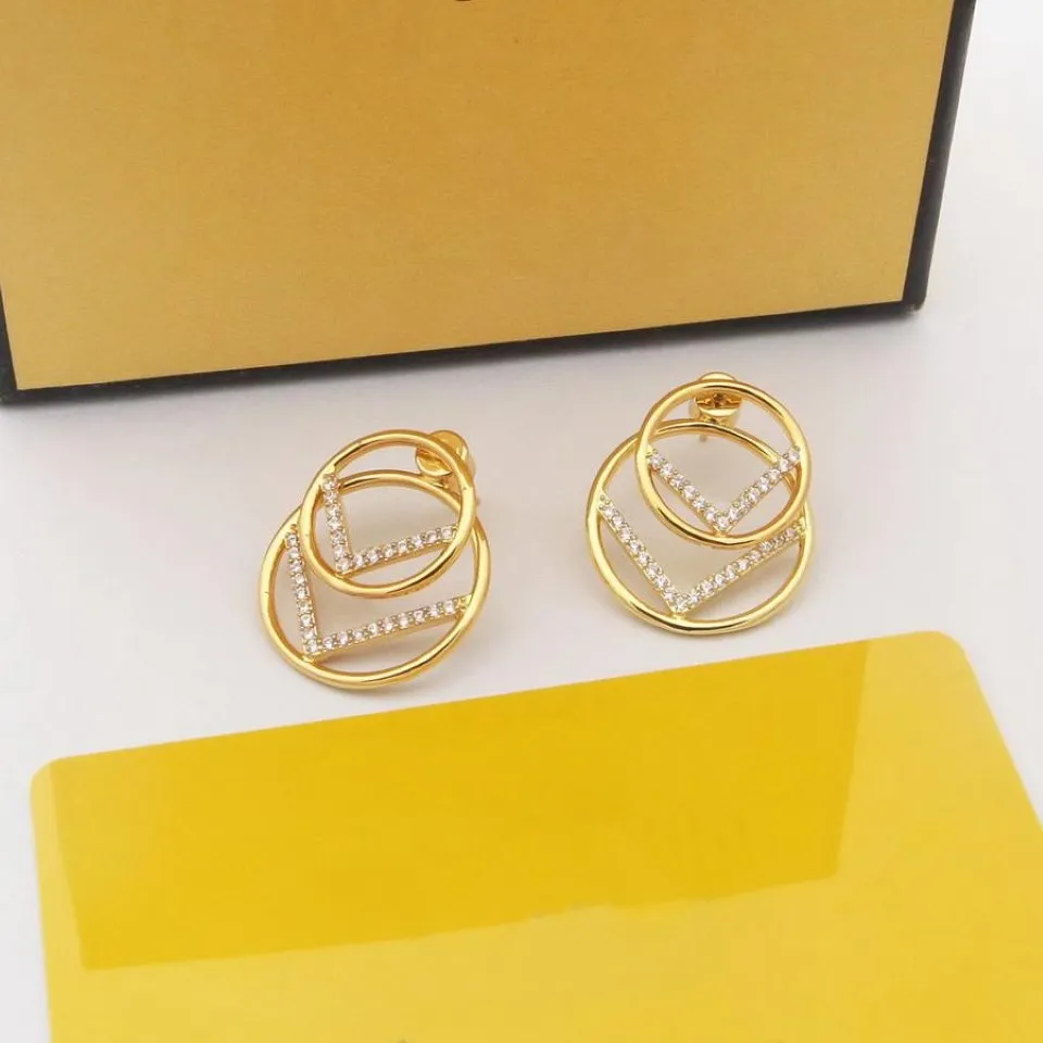 Europe America Fashion Style Lady Women Gold Color Hardware Engraved Letter Hollow Out Double Circle Diamond Combination Stud Earrings 268y