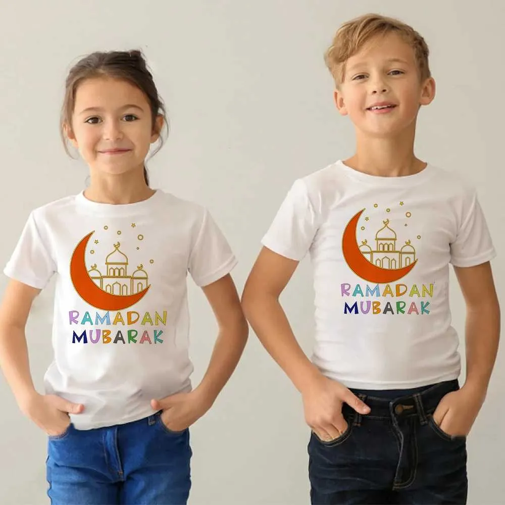 T-shirts Happy Ramadan Mubarak Print Kids T Shirt Boy Girl T-shirt Eid Ramadan Children T-shirt Short Sleeve Islamic Muslim Outfit Tops T240509