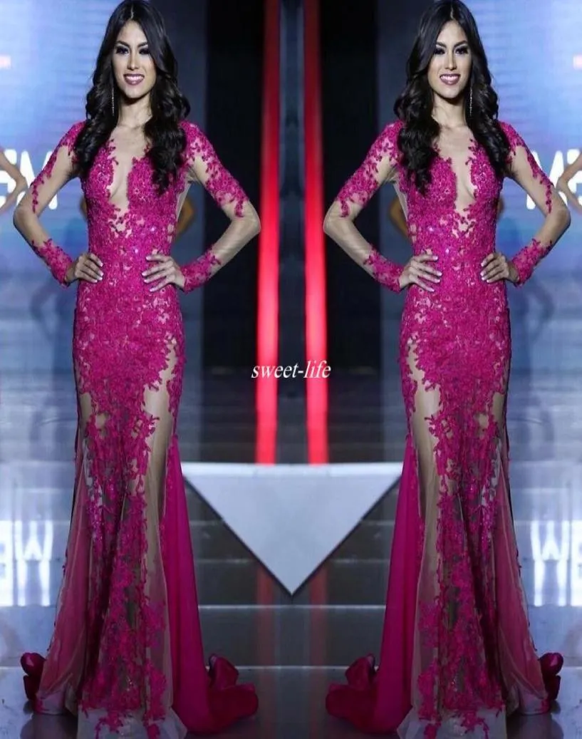 Miss Monde Pageant 2020 Robe de soirée Illusion des manches longues voir à travers les paillettes sexy en dentelle de sirène robes de bal robes de bal 6188304
