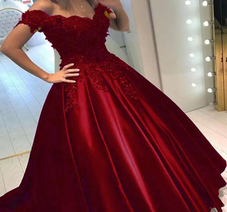 Off Shoulder Appliques Beaded Satin Formal Prom Evening Dresses Long Ball Gown Quinceanera Sweet 16 Navy BluePurpleBurgundy7137032