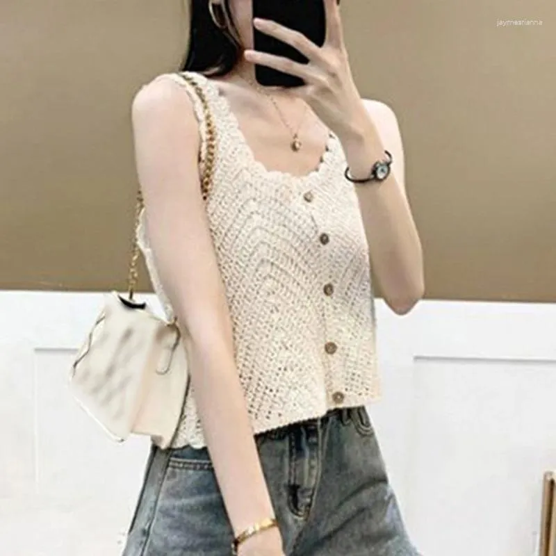 Women's Tanks Women Summer Crochet Sleeveless Vest Waistcoat Low Cut Neck Button Down Crop Cardigan Hollow Knit Drop