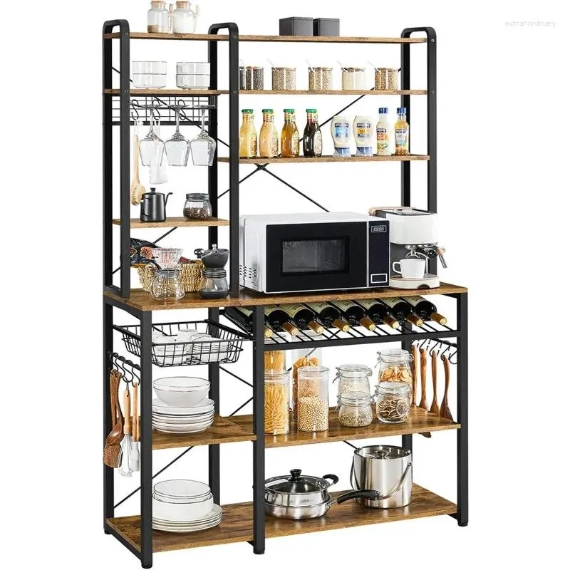 Kök förvaring Bakers Rack 8 Tiers Microwave Stand Coffee Bar Station w/Wine Glass Holder 12 Hooks Utility Shelf