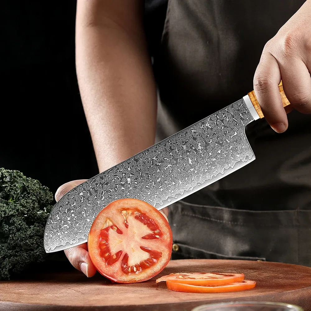 Santoku Knife,Professional Japanese Damascus Steel Kitchen Santoku Chefs Knife,Ergonomic Goldtone Handle,Super Sharp Chef Knives