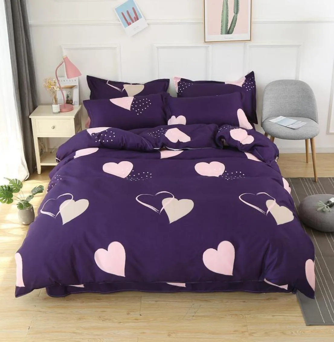 Maison textile coeur violet couette couvercle de plante motif de plante feuille de lit de lit de lit d'oreiller girl adulte boy-literie king queen bedlinen complet16259710