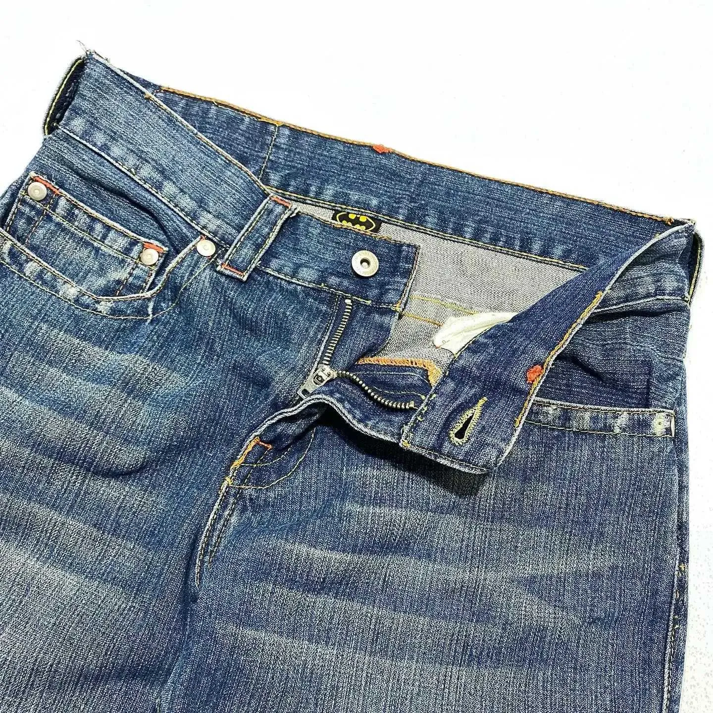 Men's Jeans Y2K Harajuku Hip Hop Bat Pattern Embroidered Retro Blue Pocket Mens Waist Wide Leg Trouser Street Clothing Q240509