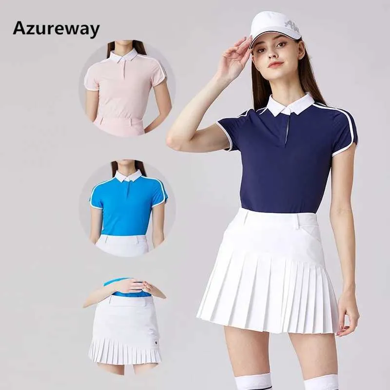 Suits de survêtement pour femmes azureway Femmes Summer Polo respirant Polo à rayures Sports Tops Fille Anti-Light Pleed Jirt Elastic Fast Dry Skorts Skorts Y240507