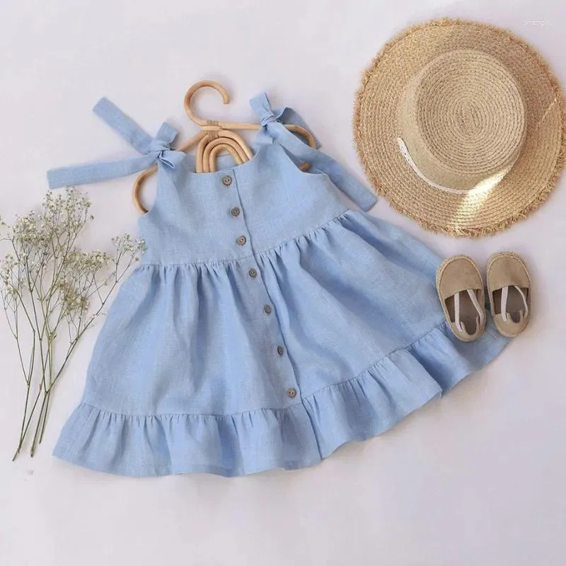 Kız Elbiseler Tatlı Bowknot Bebek Kız Beach Elbise Rahat Keten Pamuk Çocuk Strap Summer Toddler Giyim Çocuk Boho Giysileri 0-4y