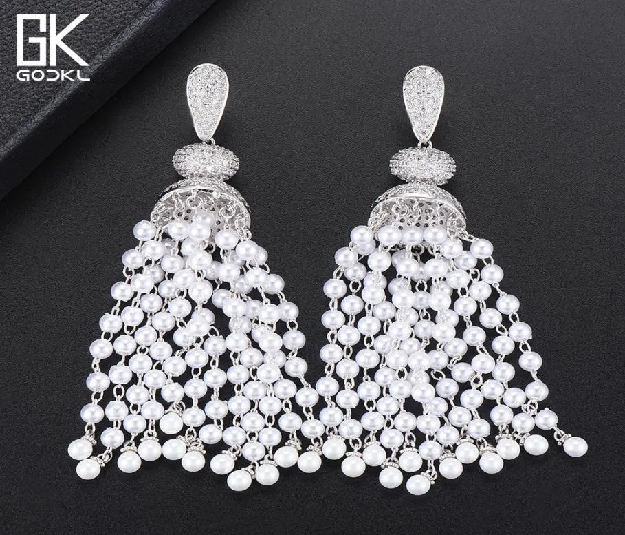 Godki Luxury Imitation Pearls Pildels Long Boucles d'oreilles enracinement pour femmes Mariage Cubic Zircon Dubai Bridal Silver Drop Orees Brings 2018 J3742081