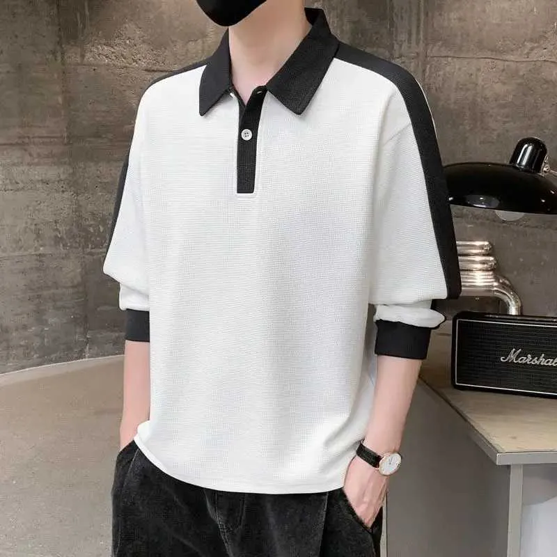 Polo's voor heren lente en herfst patch werken lange mouwen button up sport shirt voor heren casual top volledig gematchte polo modieuze Harajuku pullover -kleding Q240508