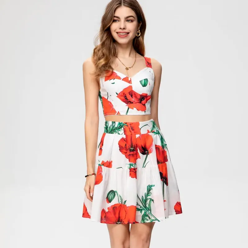 Projektantka damskiego pasa startowego Dwuczęściowe sukienki nadrukowane kwiatowe staniki z spódnicami mody swobodne zestawy bliźniaków