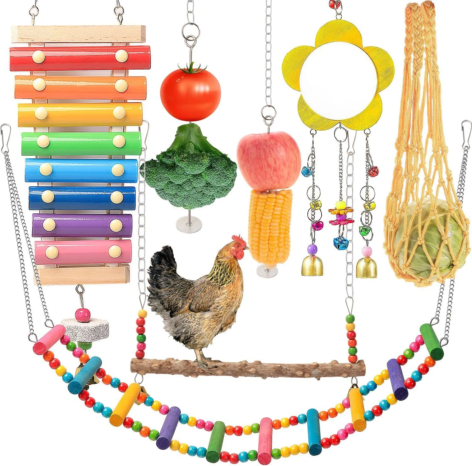 Ensemble de jouets de poulet PCS avec cloches transfrontalières, cordes de fruits, miroirs, échelle de coq pour animaux de compagnie et jouets pour oiseaux prêts à l'emploi en gros "