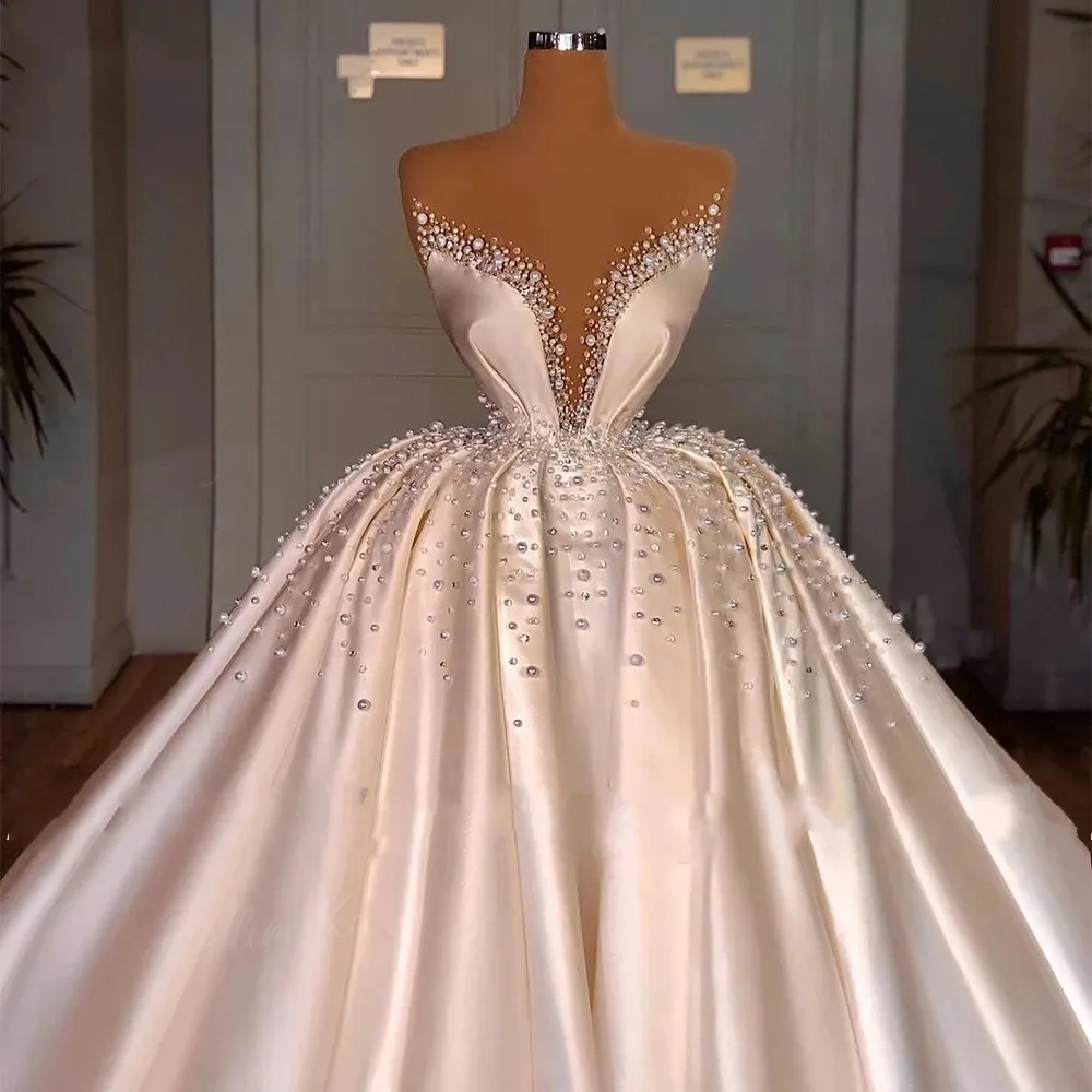 Nieuwe luxe trouwjurken voor vrouwen parels kralen 2024 pure nek satijnen hof trein bruidsjurk prinses bruid jurk vestido de novia
