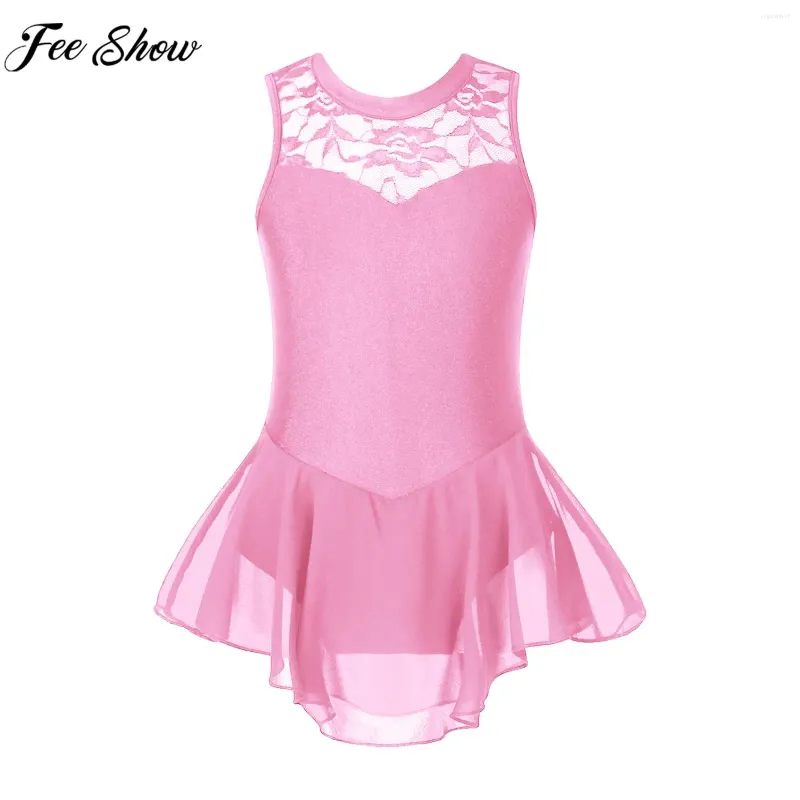 Mädchen Kleider Mädchen ärmellose Ballettkleid Danz Tanz Lace Spitze Hollow Ruffle Figur Skating Gymnastics Performance Tanzkleidung Täglich