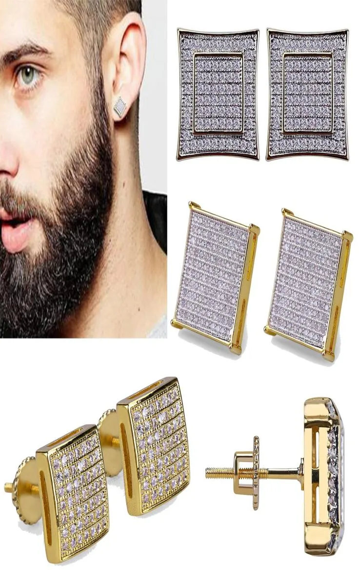 18k Real Gold Hiphop CZ Zircon Square Studörhängen 0716cm för män Kvinnor och flickor gåvor Diamond Earrings Studs Punk Rock Rappe9422585