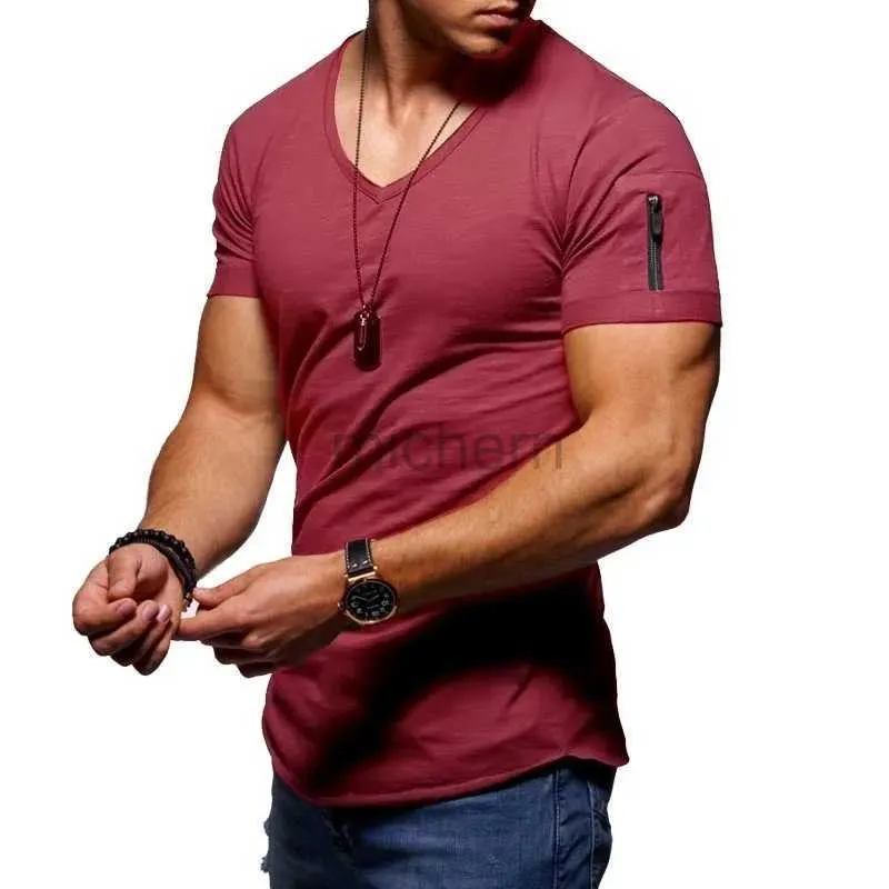 Herren-T-Shirts Neue Herren T-Shirt Solid Color Reißverschluss Pocket V-Ausschnitt Kurzschlärm T-Shirt-Set Plus-Size-T-Shirt Summer Top 2021 S-5xl D240509