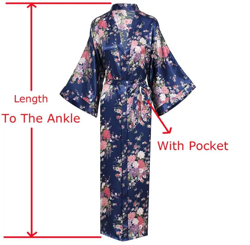 Taglie forti 3xl blu navy blu floreale nuziale sposa da sposa abito da casa lungo abbigliamento da sonno estate donne satinata kimono waokrobe9482994