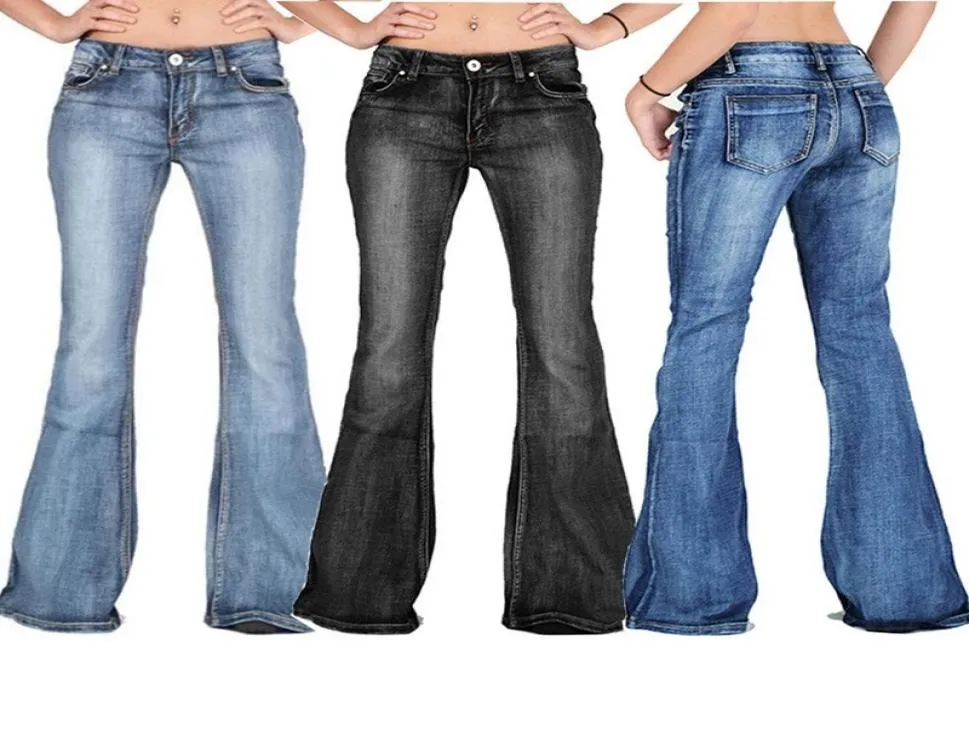 Qnpqyx nya flare jeans byxor kvinnor vintage denim damer jeans kvinnor hög midja mode stretch fickbyxor plus storlek bred ben 8584702