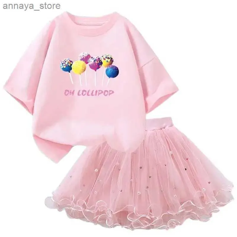 Ensembles de vêtements 2024 NOUVEAUX filles d'été T-shirt Lollipop + jupe tutu 2pcs Childrenns Party Birthday Clothingl2405L24045