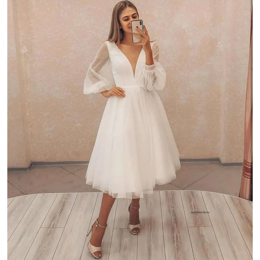 Short Wedding Dress 2021 Long Puff Sleeve Simple Elegant V-Neck Knee Length Robe De Mariee Custom Made Civil Beach Cheap 0509